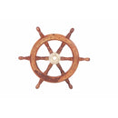 18" Teak Wood Ship Wheel with Brass Inset and Six Spokes, Brown and Gold-Nautical Decor-Brown and Gold-Teak Wood and Brass-JadeMoghul Inc.