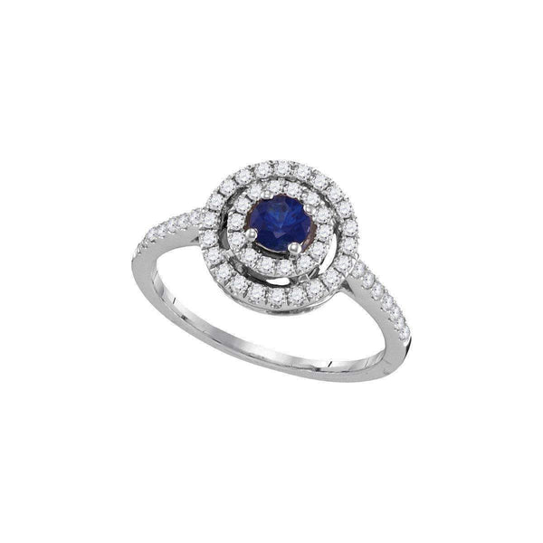 18kt White Gold Women's Round Blue Sapphire Solitaire Concentric Circle Frame Ring 5/8 Cttw - FREE Shipping (US/CAN)-Gold & Diamond Fashion Rings-5-JadeMoghul Inc.