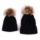 2 Pcs Mother Kids Child Baby Warm Winter Knit Beanie Fur Pom Hat Crochet Ski Cap Cute-Black-JadeMoghul Inc.