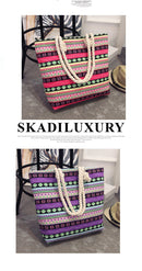 2017 New Summer Women Canvas bohemian style striped Shoulder Beach Bag Female Casual Tote Shopping Big Bag floral Messenger Bags-A-42X10X35-JadeMoghul Inc.
