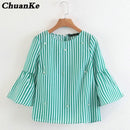 2018 New women elegant pearls beading striped shirt flare sleeve O neck Blouses ladies summer brand casual tops Tees blusas-Green-L-JadeMoghul Inc.