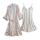 Women Silk Solid Color V-neck Slip Dress Nightgown Pajama Set