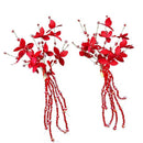 Bride's Red Flowers Shape Wedding  Hair Pins With Crystal Tassels In Pair
