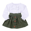 2Pcs Set Cotton Green Button Skirts White Long Sleeve Lace Ruffle Cute Slim Fit Shirts