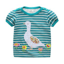 Blue Color Round Neck Stripe Pretty Goose Printed Girls' New Pattern Design Cotton T-Shirts