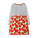 Girls Cotton Short Sleeve Stitching Color Black Stripe And Strawberry Printed Outdoor Latest Dress Designs