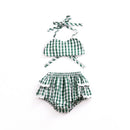 2Pcs Set Lace Green Plaid Printed Shorts And Crop Backless Lace Up Fresh New Fashion Girls Tops
