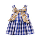 Cotton Sleeveless Blue Plaid Printed Floral Bowknot Princess New Design Baby Girls Dress