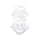 2Pcs Set Girls Cotton White Lace Shorts And Sling Backless Pretty T Shirts