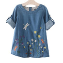 Kids New Arrival Fashion Light Blue Dragonfly Flowers Embroidered Denim Dress