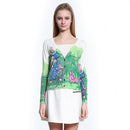 Lady Fashion Cartoon Printed V-Neck Single Breasted Long Sleeves Knitted Blouses