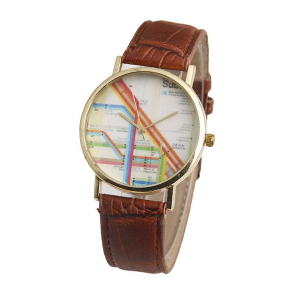 Simple Casual Creative Personality Subway Map Pattern Round Dial Leather Band Quartz Watches Unisex