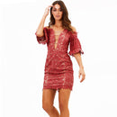 Elegant Women Sweet Off-shoulder Lantern Sleeves Lace Slim Dress