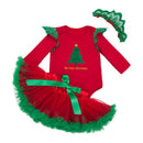 3 Pcs Set Baby Girl Christmas Red Long Sleeves Bodysuit And Green Bowknot Tutu Skirt