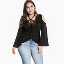 Fashion Lady Sexy Cool Shoulder Design Lace Patchwork Flare Sleeves Blouse