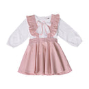 2 Pcs Set Lovely Girls Cotton White Long Sleeves Shirt And Pink Elastic Waist Suspender Skirt