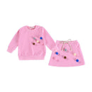 2 Pcs Set Girls Long Sleeves Cotton Ball Design Tops And Bowknot Skirt