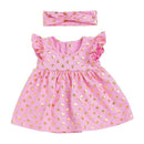 2 Pcs Set Cotton Ruffle Sleeves Printed Baby Girls Dress And Headband