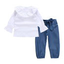 2 Pcs Set Girls White Peter Pan Collar Tops And Lace Up Pants