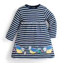 Girls Round Neck Birds Embroidered Stripes Dress