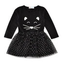 Girls Cat Printed Long Sleeves Patchwork Dress