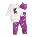 Baby Girls 3 Pcs Set Cute Animals Printed Bodysuit And Dots Pants With Hat