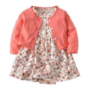 Baby Girls Cotton Solid Color Outerwear And Floral Printed Dress 2 Pcs Set