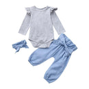 3 Pcs Set Casual Style Girls Ruffle Sleeves Bodysuits And Lace Up Pants With Headband