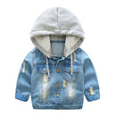 Boys Cotton Letter Embroidered Patchwork Hooded Denim Coat
