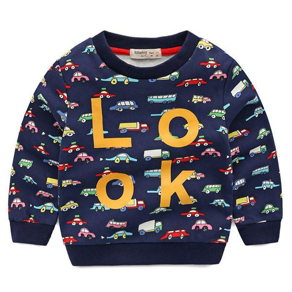 Boys Cotton Round Neck Cars Letter Printed Long Sleeves Sweatshirts