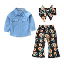 3 Pcs Set Girls Cotton Blue Blouse And Floral Printed Flared Pant With Headband