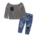 Fashionable Girls Cotton 2 Pcs Set Leopard Printed Off-shoulder Tops And Ripped Jeans
