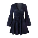 Women Sexy Deep V Neck Design Flouncing Large Hem Lantern Sleeves Dress