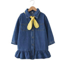 Lovely Girls Cotton Long Sleeves Solid Color Bow Tie Decorated Denim Dress