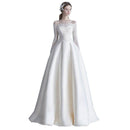 Women Romantic Off-shoulder Lace Sleeves Simple Design Floor Length Wedding Dress