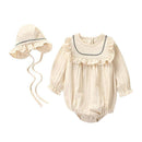 2 Pcs Vintage Style Baby Girls Embroidered Long Sleeves Bodysuit And Hat