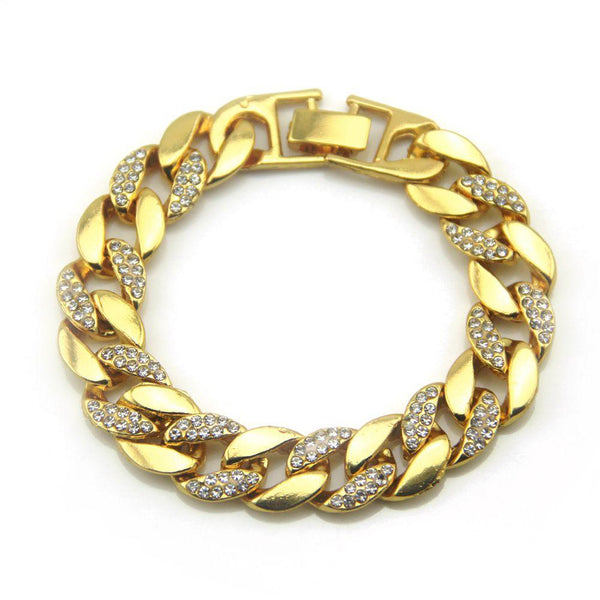 18K Gold Plated Fashion Men Shiny Rhinestone Alloy Chain Bracelet