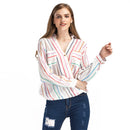Hot Sale Multicolor Stripes Pattern V Neck Women Casual Blouse