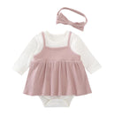 2 Pcs Set Baby Girls Cotton Long Sleeves Patchwork Bodysuit With Headband