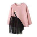 Girls Long Sleeves Black Swan Printed Lace Patchwork Dress