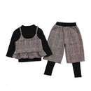 3 Pcs Set Girls Cotton Solid Color Tops And Grid Printed Vest And Patchwork Pants