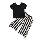 2 Pcs Set Casual Girls Plain T-Shirts And Stripes Loose Pants