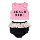 2 Pcs Girls Letter Printed Sleeveless Tops And Tassel Design Shorts