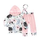 3 Pcs Girls Cotton Floral Printed Hoodies And Pants And Headbands