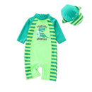 2 Pcs Boys Green Dinosaur Printed Swimwear And Bathing Cap