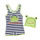 2 Pcs Boys Frog Printed Sleeveless Swimwear And Cap