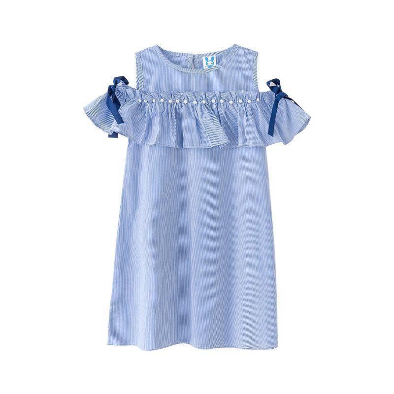 Girl Junior Blue Stripes Off-shoulder Dress