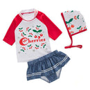 3 Pcs Girl Cherry Printed Swimsuit And Cap
