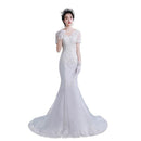 Sequin Lace Design V Neck Short Sleeve Elegant Fishtail Sweep Length Train Wedding Gown