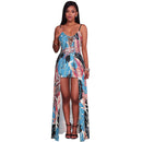 Hot Sale Women New Feather Print Lace-up High-low Hemline Rompers